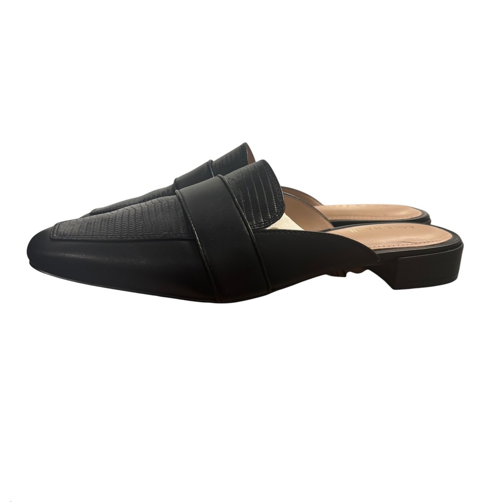 Cole Haan Pasha Grand 360 Black Leather Lizard Embossed Pointed Toe Mules Sz 8B